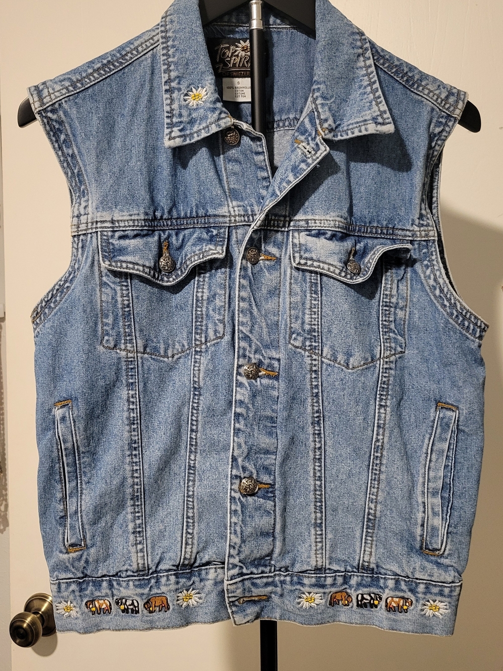 Vintage 90's Spirit Light Wash Denim Vest with Embroidered Elephants & Daisies